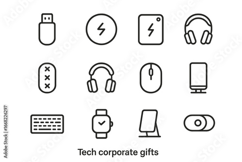 Tech Gift Icons. Outline icon set of tech corporate gifts: USB drive, wireless charger, power bank, Bluetooth