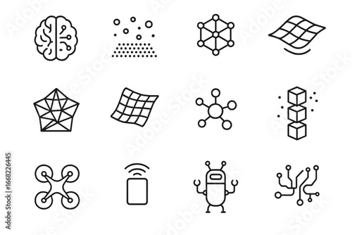Futuristic Nanotech Icons. Outline icon set of futuristic nanotech: nanobrain, smart dust, molecular net,