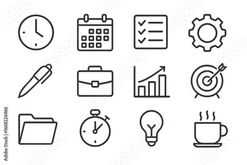 Time Management Icons. Outline icon set of time management: clock, calendar, checklist, gear, pen, briefcase,