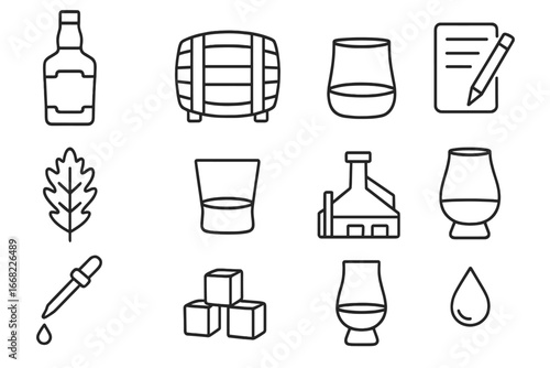Whiskey Tasting Icons Set. Outline icon set of whiskey tasting: bourbon bottle, aging barrel, whiskey glass,
