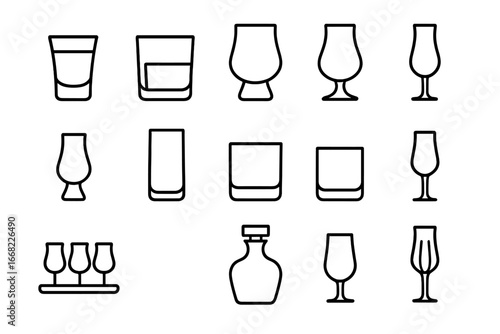 Spirit Glassware Icons. Outline icon set of spirit glassware: shot glass, rocks glass, snifter, tulip glass,