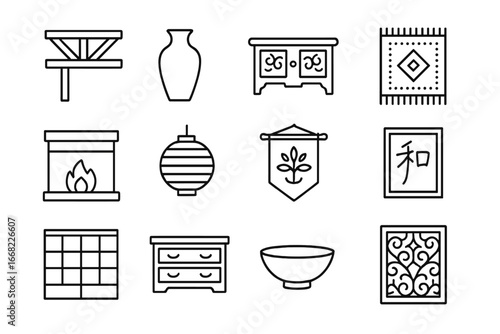 Traditional Design Icons. Outline icon set of traditional interior design: wooden beams, ceramic vase, carved