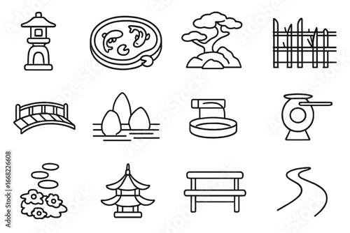Traditional Garden Icons. Outline icon set of traditional garden elements: stone lantern, koi pond, bonsai