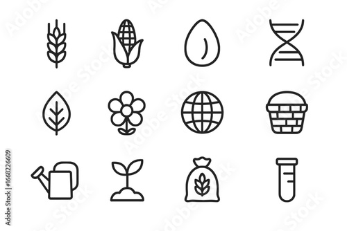 Traditional Crop Icons. Outline icon set of traditional crop genetic heritage: wheat, corn, seed, DNA strand,