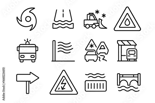 Extreme Weather Icons. Outline icon set of extreme weather and transport resilience: hurricane symbol, flooded