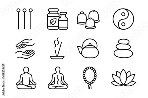 Traditional Healing Icons. Outline icon set of traditional Asian healing: acupuncture needles, herbal medicine