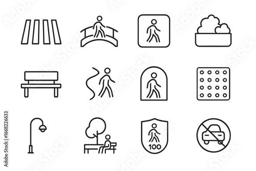 Pedestrian-Centric Icon Set. Outline icon set of pedestrian-first cities: crosswalk, footbridge, pedestrian