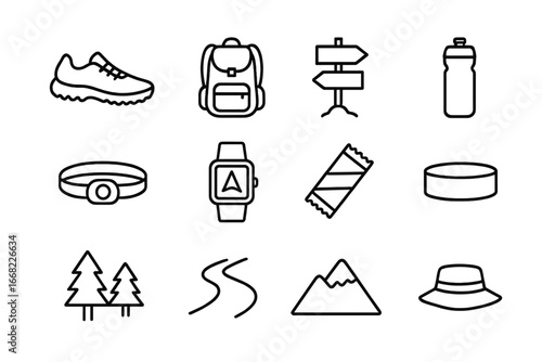 Trail Running Icons. Outline icon set of friends doing trail running: running shoes, backpacks, trail markers,