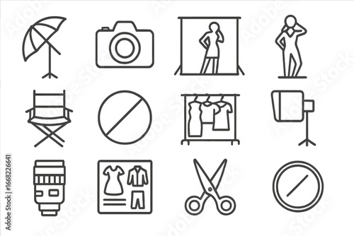 Fashion Shoot Essentials. Outline icon set of fashion photo shoot setup: light umbrella, camera icon, backdrop