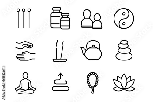 Traditional Healing Icons. Outline icon set of traditional Asian healing: acupuncture needles, herbal medicine