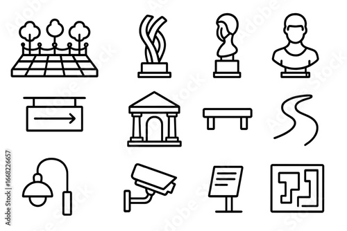 Outdoor Sculpture Icon Set. Outline icon set of outdoor sculpture display: public square, sculpture plinth,