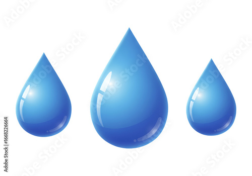 Three Water Drops Floating on Black Transparent Background Blue Glossy Illustration