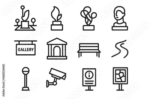 Outdoor Sculpture Icon Set. Outline icon set of outdoor sculpture display: public square, sculpture plinth,