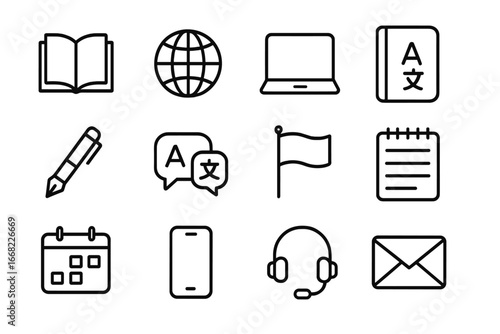 Translation Icons Grid. Outline icon set of freelance translation: book, globe, laptop, dictionary, pen,