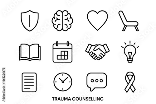 Trauma Counseling Icons. Outline icon set of trauma counseling: shield icon, brain, heart, therapist chair,