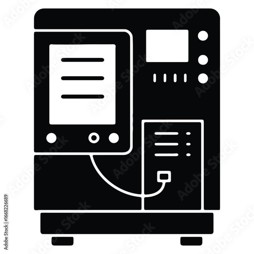Black and White Illustration of an Automated Chemistry Analyzer with Display Screens and Ports for Medical Research and Diagnostics Equipment
