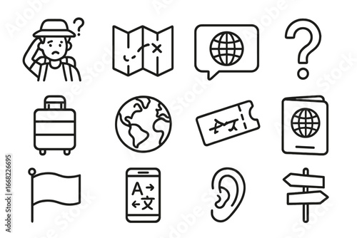 Travel Icon Set. Outline icon set of travel language barriers: confused tourist, map, speech bubble, question