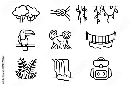 Tropical Bridge Icons. Outline icon set of tropical rainforest rope bridges: lush canopy, rope knots, hanging