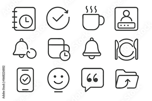 Office Routine Icons. Outline icon set of office routines: daily planner, task repeat, morning coffee, login