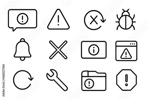 UI Error Icons Set. Outline icon set of error feedback in UI: error popup, warning sign, retry button, bug