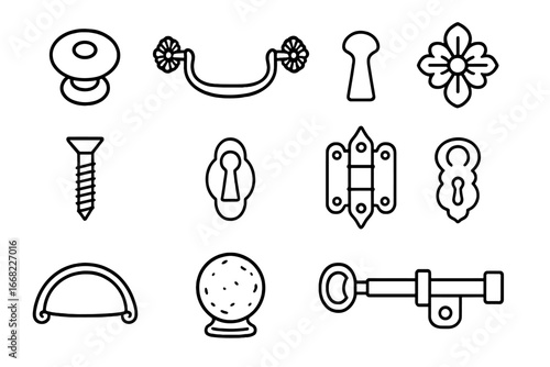 Vintage Kitchen Icons. Outline icon set of vintage kitchen hardware: porcelain knob, antique brass pull,