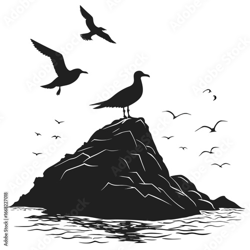 Gulls circling rocky island silhouette