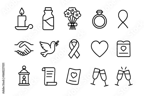 Unity Rituals Icons. Outline icon set of unity rituals: candle, sand jar, bouquet, ring, clasped hands, dove,