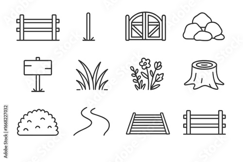 Rural Perimeter Icons. Outline icon set of rural perimeter elements: boundary fence, property marker, old gate