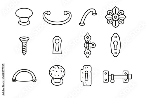 Vintage Kitchen Icons. Outline icon set of vintage kitchen hardware: porcelain knob, antique brass pull,