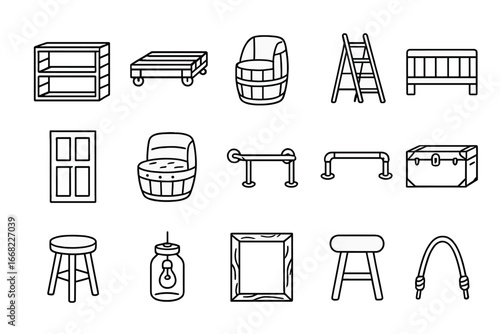 Upcycled Furniture Icons. Outline icon set of upcycled furniture décor: wooden crate shelf, pallet coffee