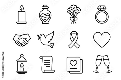 Unity Rituals Icons. Outline icon set of unity rituals: candle, sand jar, bouquet, ring, clasped hands, dove,
