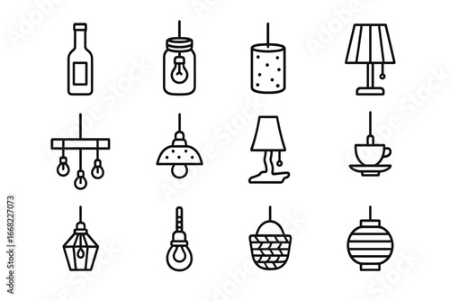 Upcycled Lighting Icon Set. Outline icon set of upcycled lighting ideas: bottle lamp, jar pendant, tin can