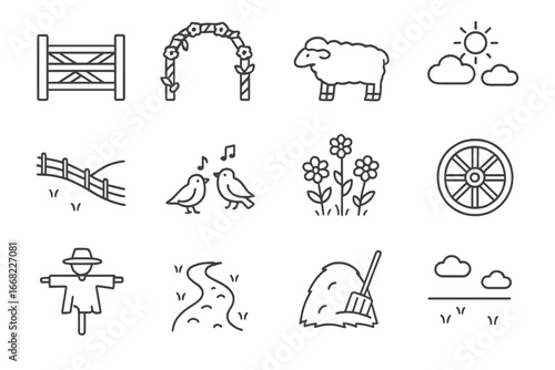 Farm Icon Set. Outline icon set of peaceful farm perimeters: wooden gate, floral arch, grazing sheep, blue sky