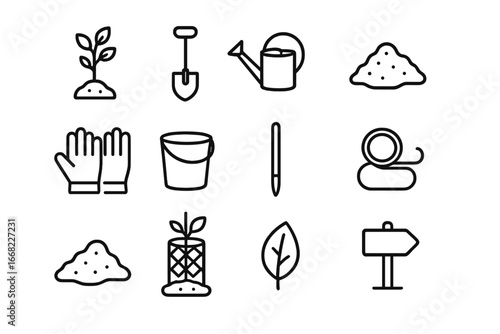 Urban Tree Planting Icons. Outline icon set of urban tree planting: sapling, shovel, watering can, mulch pile,