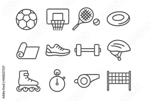 Urban Park Sports Icons. Outline icon set of sports in urban parks: soccer ball, basketball hoop, tennis