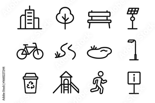 Urban Park Icons. Outline icon set of modern urban parks: skyscraper, tree, bench, bike, walking path, pond,