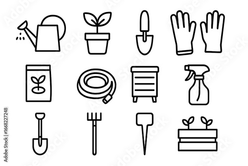 Urban Gardening Icons. Outline icon set of urban gardening basics: watering can, potted plant, trowel, gloves,