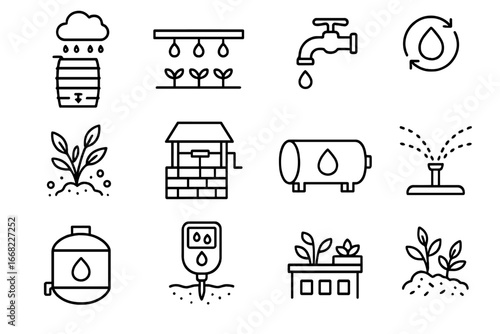 Urban Water Conservation Icons. Outline icon set of urban water conservation: rain barrels, drip irrigation,