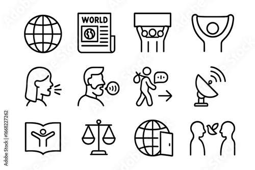 Global Expression Icons. Outline icon set of global freedom of expression: globe icon, world press,