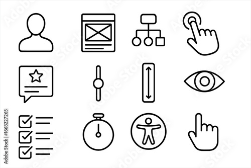 UX Design Icon Set. Outline icon set of user experience (UX) design: user silhouette, wireframe, flowchart,