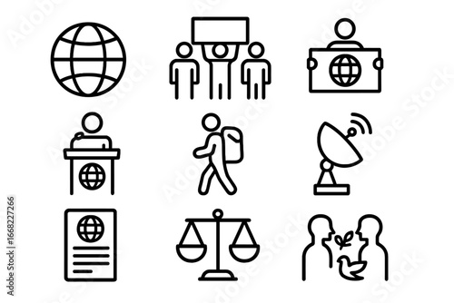 Global Expression Icons. Outline icon set of global freedom of expression: globe icon, world press,