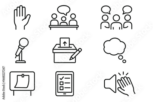 Public Opinion Icons. Outline icon set of public opinion expression: raised hand, open forum, debate icon,