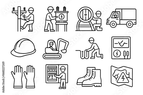 Utility Workers Icon Set. Outline icon set of utility workers installing energy infrastructure: power pole,