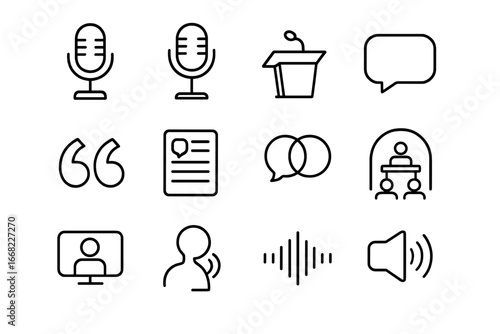 Speech Platforms Icons. Outline icon set of speech platforms: radio mic, podcast icon, podium, speech balloon,