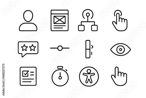 UX Design Icon Set. Outline icon set of user experience (UX) design: user silhouette, wireframe, flowchart,