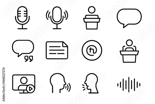 Speech Platforms Icons. Outline icon set of speech platforms: radio mic, podcast icon, podium, speech balloon,