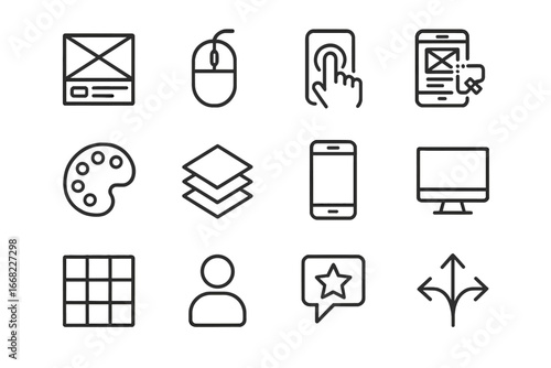 UX_UI Icon Set. Outline icon set of UX/UI design: wireframe, mouse, touch screen, prototype, palette, layers,
