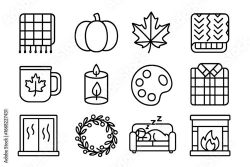 Autumn Cozy Icons. Outline icon set of autumn cozy elements: plaid throw, pumpkin pillow, leaf motif, knitted