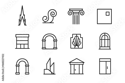 Architectural Icons Grid. Outline icon set of architectural periods: gothic spire, baroque scroll,