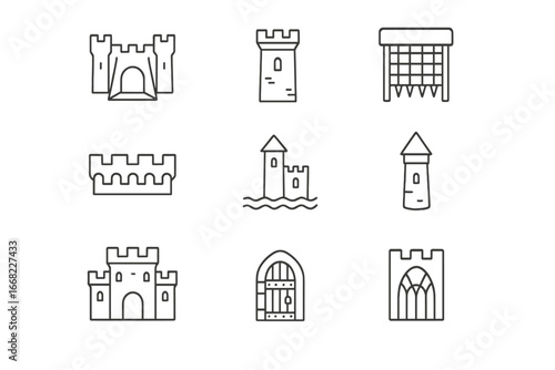 Medieval Castle Icons. Outline icon set of medieval castles and fortresses: drawbridge, stone tower,